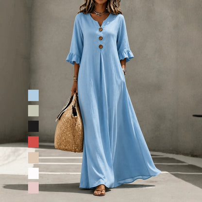 Women's V-Neck Boho Maxi Dress Ruffle Sleeve with Pockets