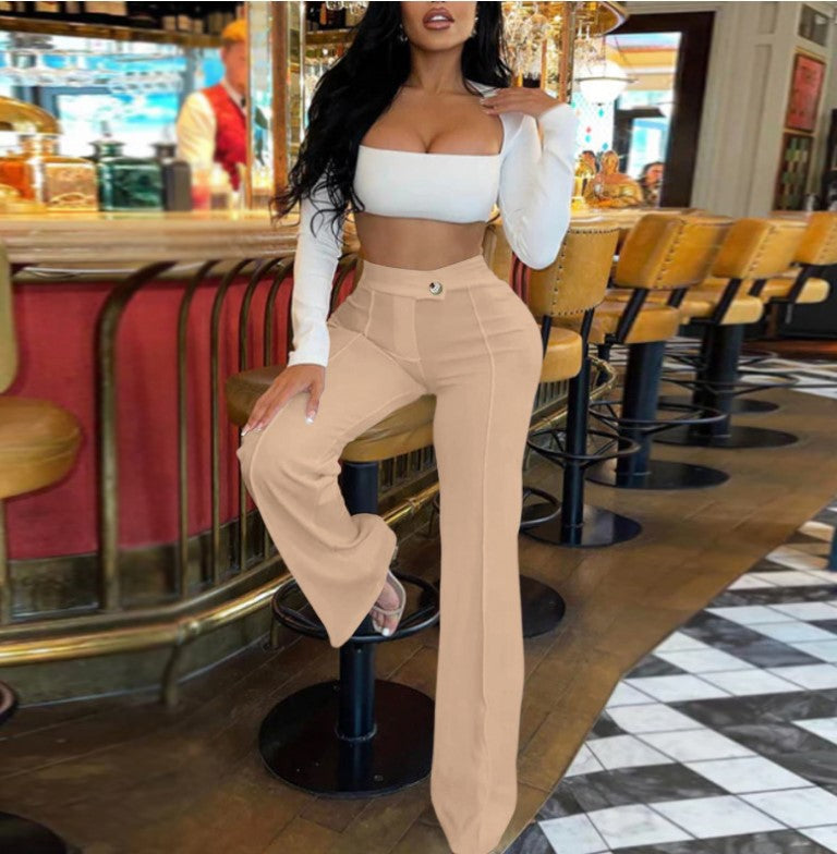 Women High Waist Ribbed Velvet Wide Leg Pants