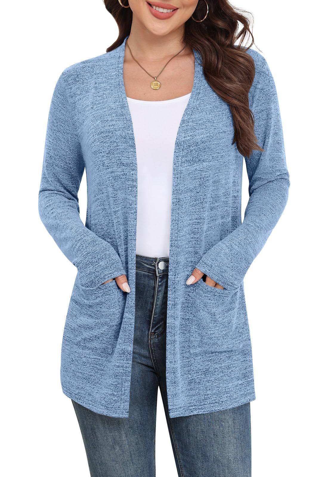 Women's Open Front Cardigan Long Sleeve Lightweight Pockets