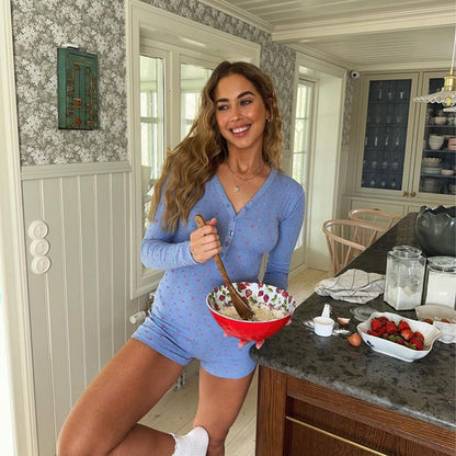 Ditsy Floral V-Neck Long Sleeve Button Romper