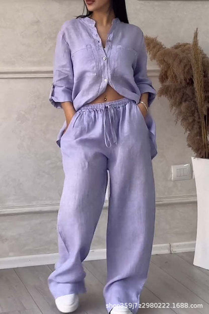 Women's Linen Shirt and Wide Leg Pants Matching Set