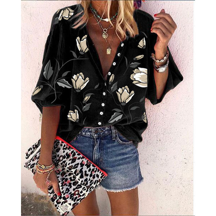 Women's Floral Print Puff Sleeve Button Down Blouse