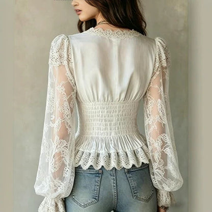 Women's Lace V Neck Smocked Puff Sleeve Peplum Top White