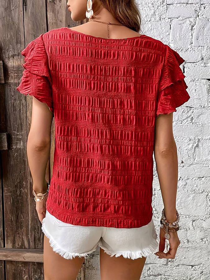 Ruffle Sleeve Crew Neck Casual Summer Blouse Top
