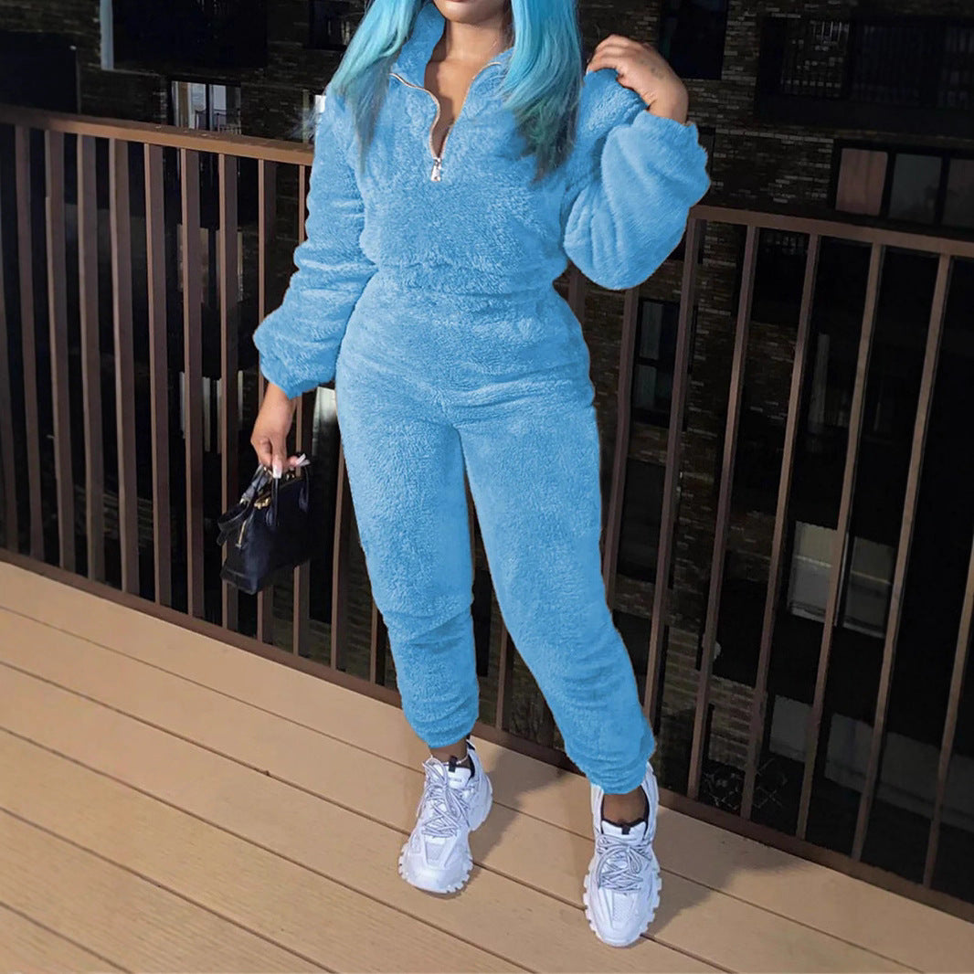 Womens Sherpa Fleece Half Zip 2 Piece Jogger Set