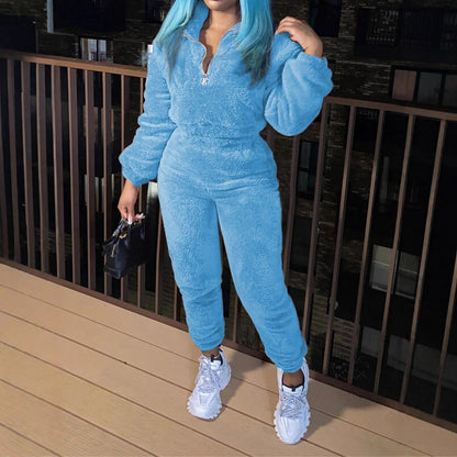 Womens Sherpa Fleece Half Zip 2 Piece Jogger Set