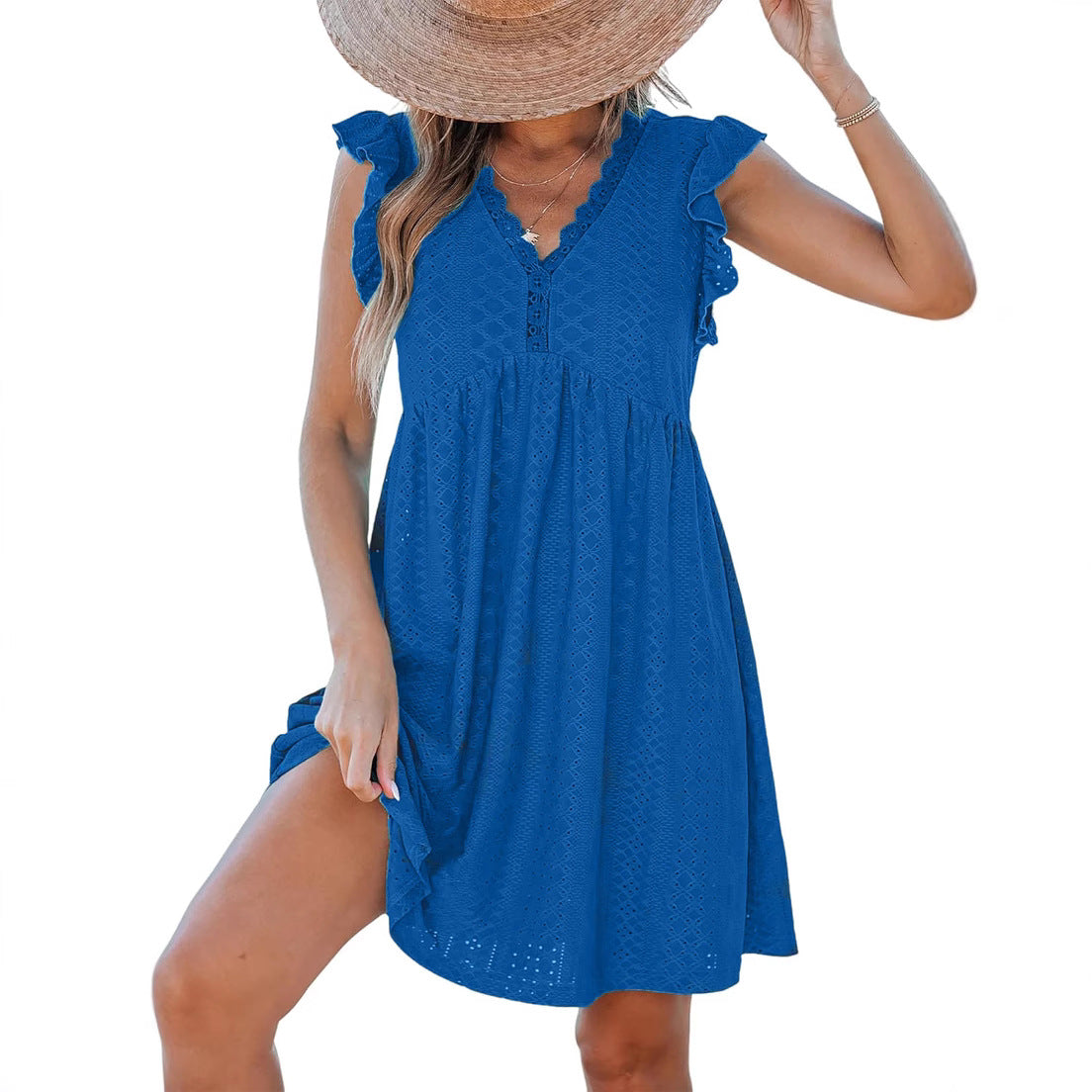 Lace Trim V Neck Eyelet Babydoll Dress for Women
