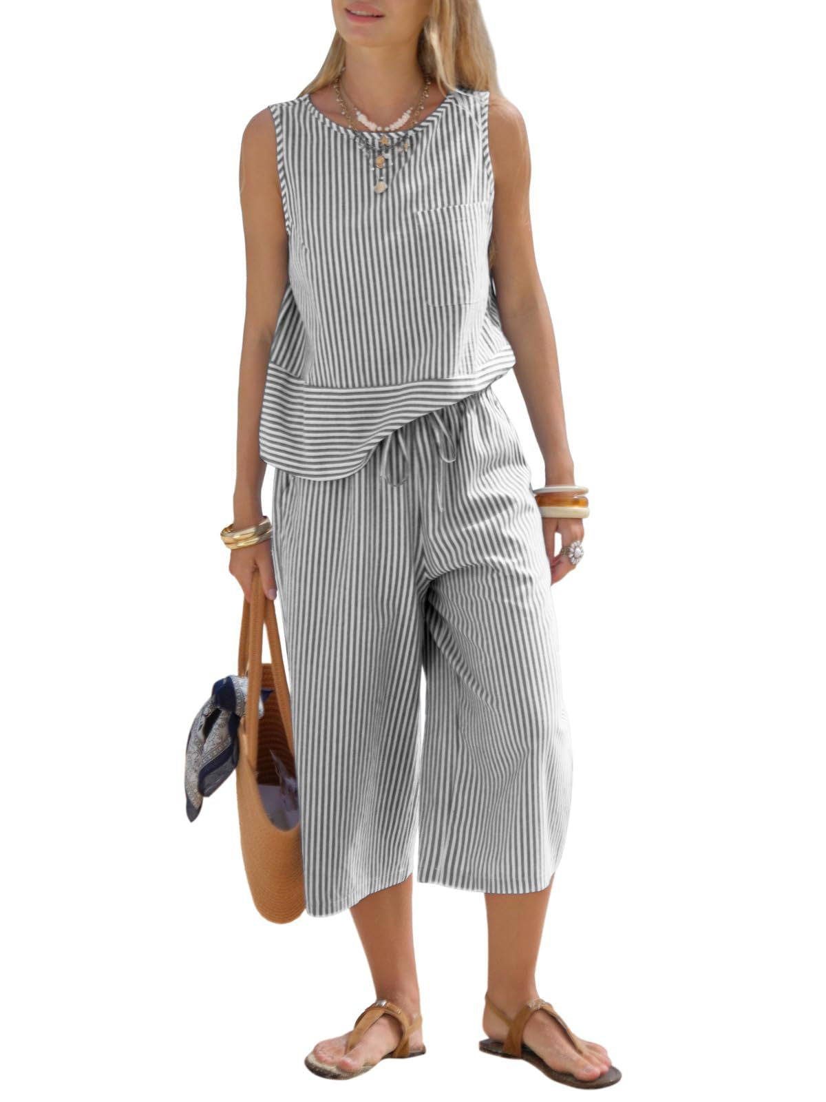 Striped Cotton Matching Set Sleeveless Top Capri Pants Casual