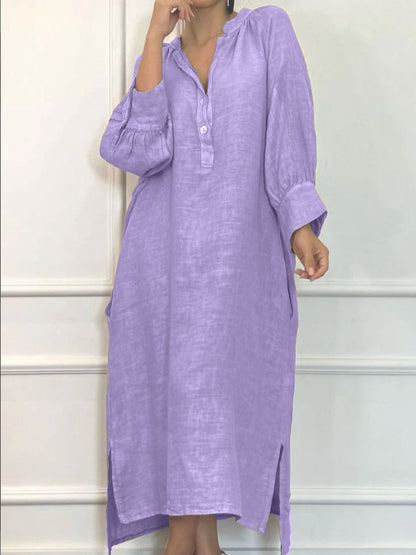 Linen Blend Long Sleeve Button Down Maxi Dress Pockets