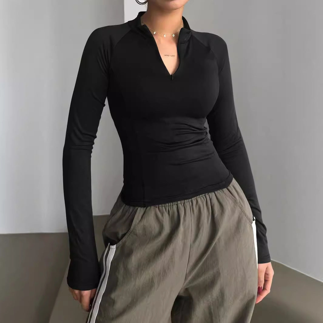 Women's Y2K Quarter Zip Long Sleeve Cropped Top