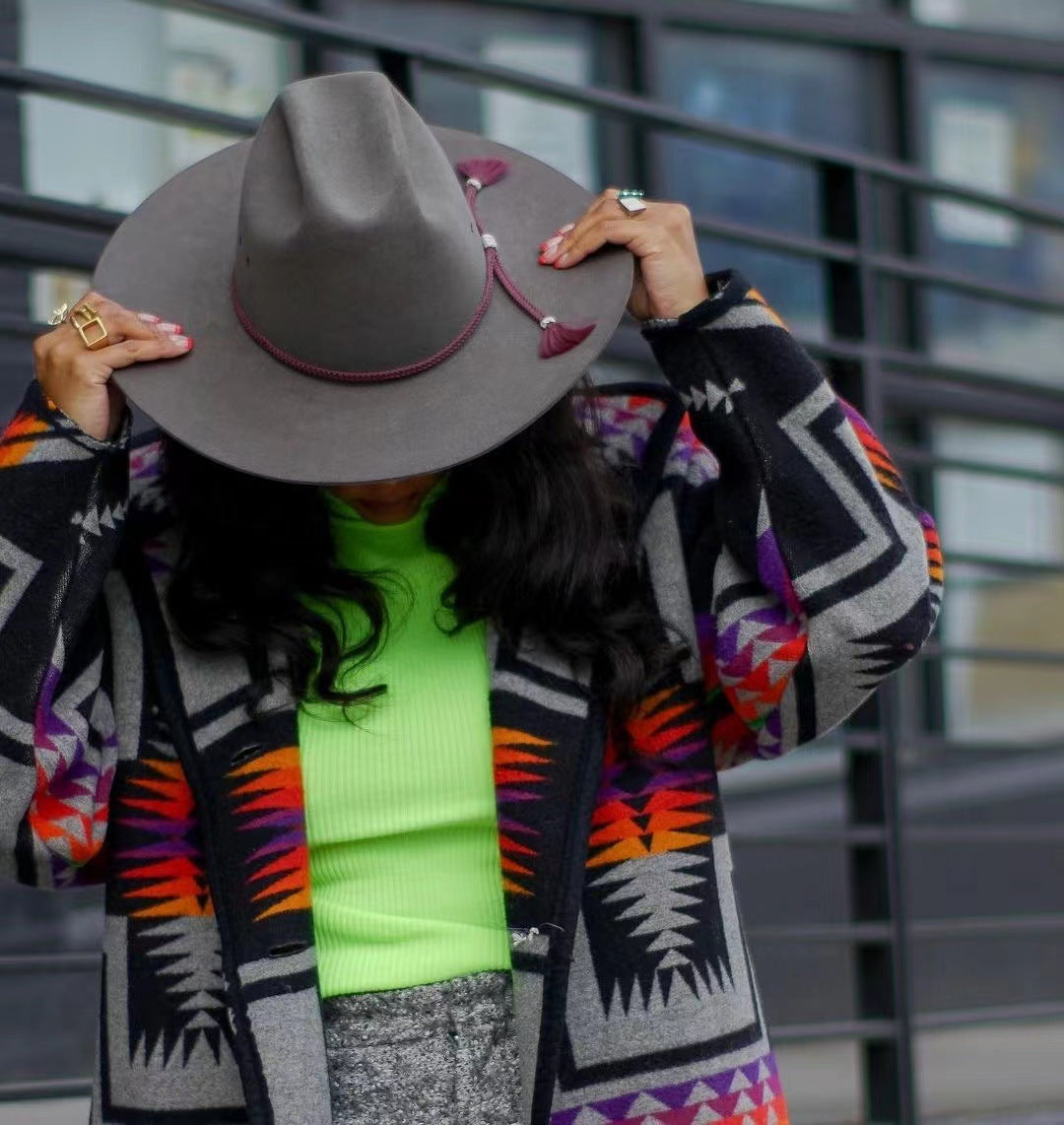 Women's Hooded Long Coat Geometric Print Jacket