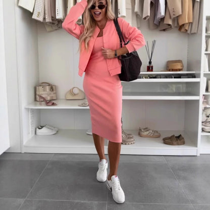 Women's Solid Two Piece Dress and Cardigan Matching Set