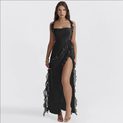 Women's Sexy Ruffle Maxi Dress Square Neck High Slit