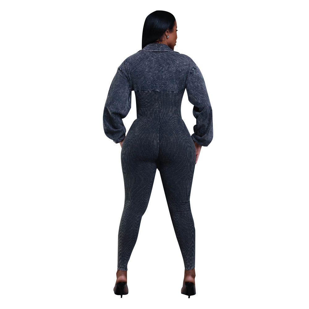 Sexy Ribbed Long Sleeve Zip Up Bodycon Jumpsuit