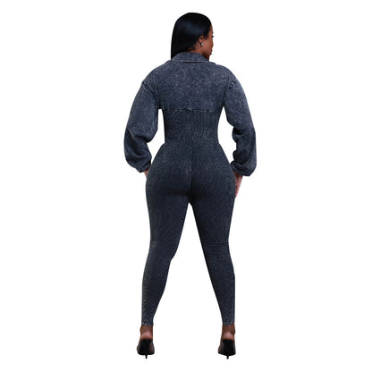 Sexy Ribbed Long Sleeve Zip Up Bodycon Jumpsuit