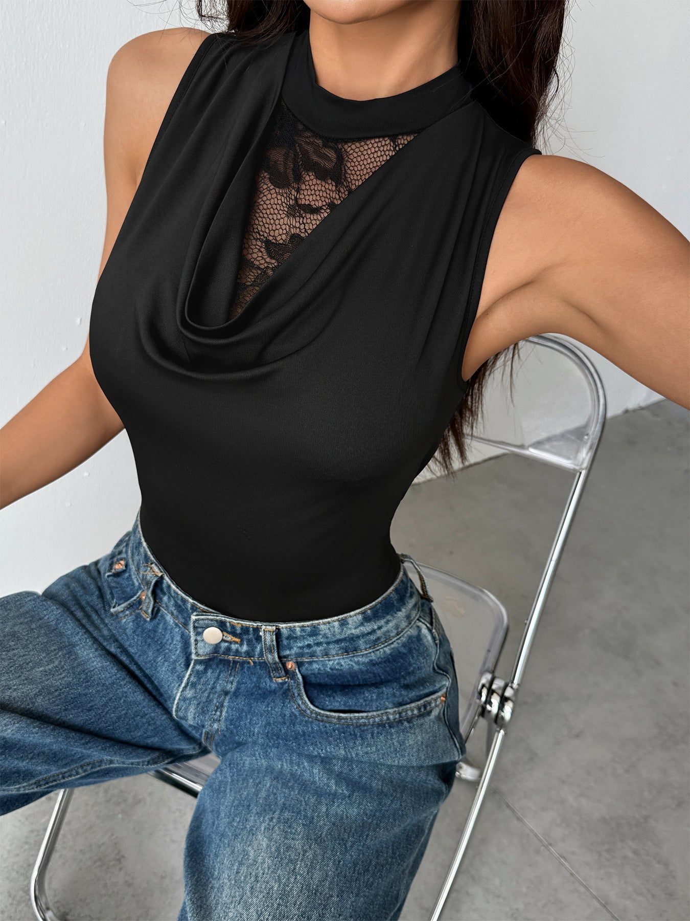 Lace Cowl Neck Sleeveless Slim Fit Bodysuit Top