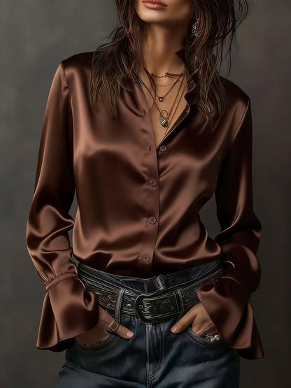 Women's Satin Bell Sleeve Button Down Blouse