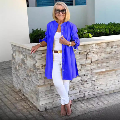 Women's Cotton Button Front Tie Sleeve Tunic Blouse