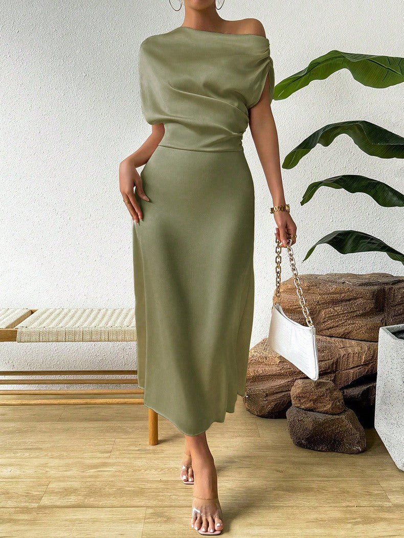 Women's Satin One Shoulder Maxi Dress Batwing Sleeve