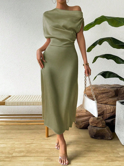 Women's Satin One Shoulder Maxi Dress Batwing Sleeve