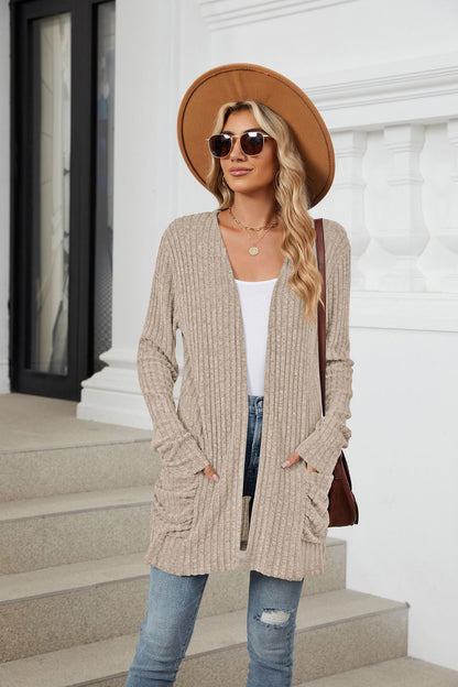 Simple Pocketed Long Sleeve Cardigan Knit Top