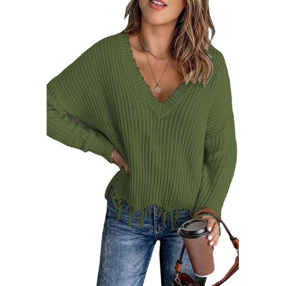 Women's Oversized V-Neck Frayed Hem Knit Sweater