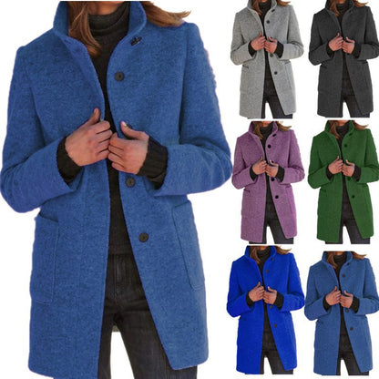 Women's Vintage Wool Blend Button Front Stand Collar Coat