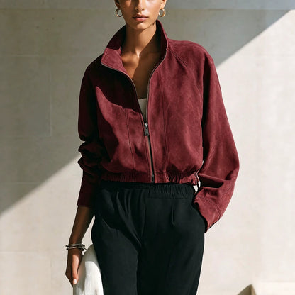 Women's Vintage Faux Suede Zip Up Bomber Jacket