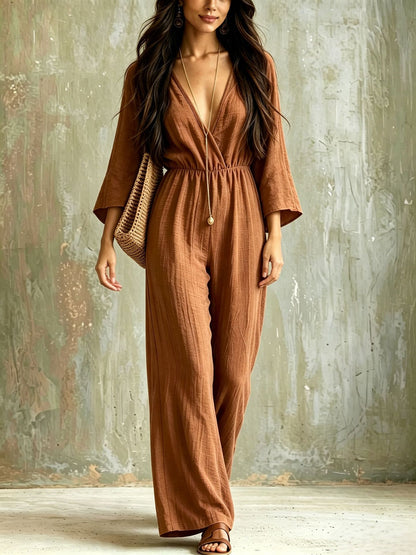 Women's Boho V-Neck Bell Sleeve Wide Leg Jumpsuit