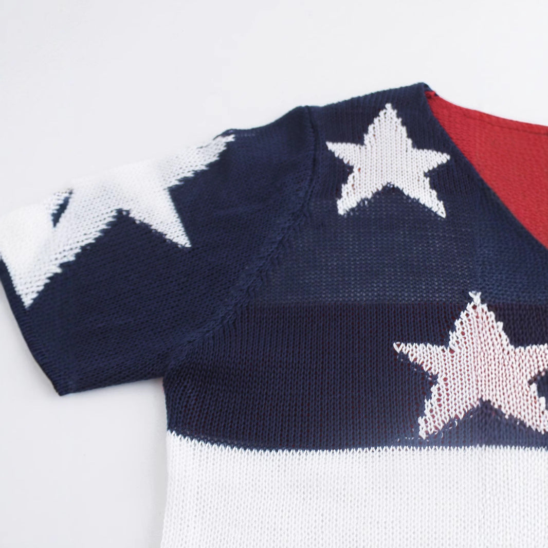 American Flag V-Neck Sweater Women Patriotic Knit Top