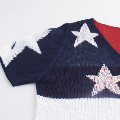 American Flag V-Neck Sweater Women Patriotic Knit Top