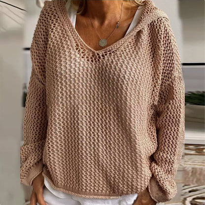 Oversized Hooded Open Knit Sweater V-Neck Pullover