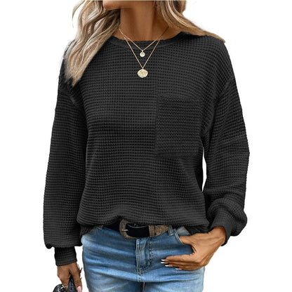 Women's Oversized Waffle Knit Crew Neck Pocket Top