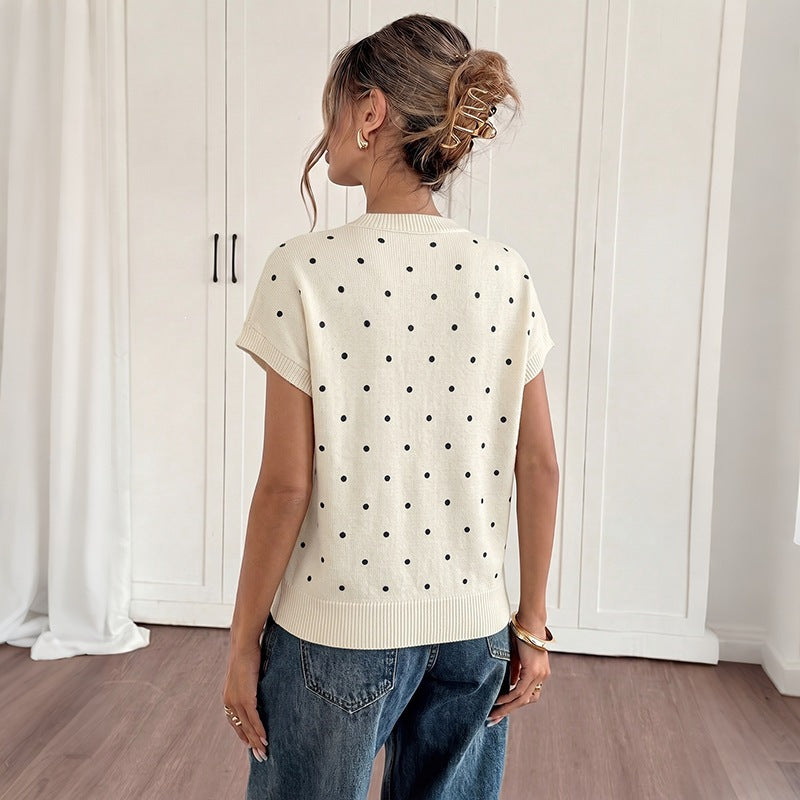 Women's Casual Polka Dot Crew Neck Short Sleeve Knit Top