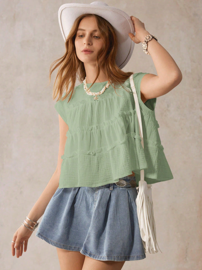 Cotton Tiered Babydoll Blouse Loose Ruffle Summer Top