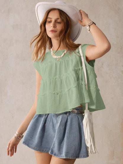 Cotton Tiered Babydoll Blouse Loose Ruffle Summer Top