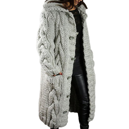 Women's Chunky Cable Knit Hooded Long Cardigan Plus Size