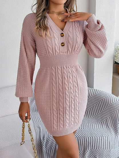 Button V Neck Sweater Dress | Cable Knit Bodycon Outfit