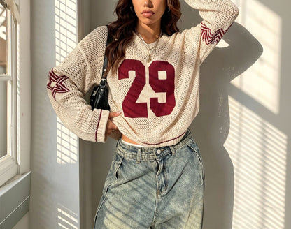 Women's Oversized Graphic Number Mesh Sweater Streetwear