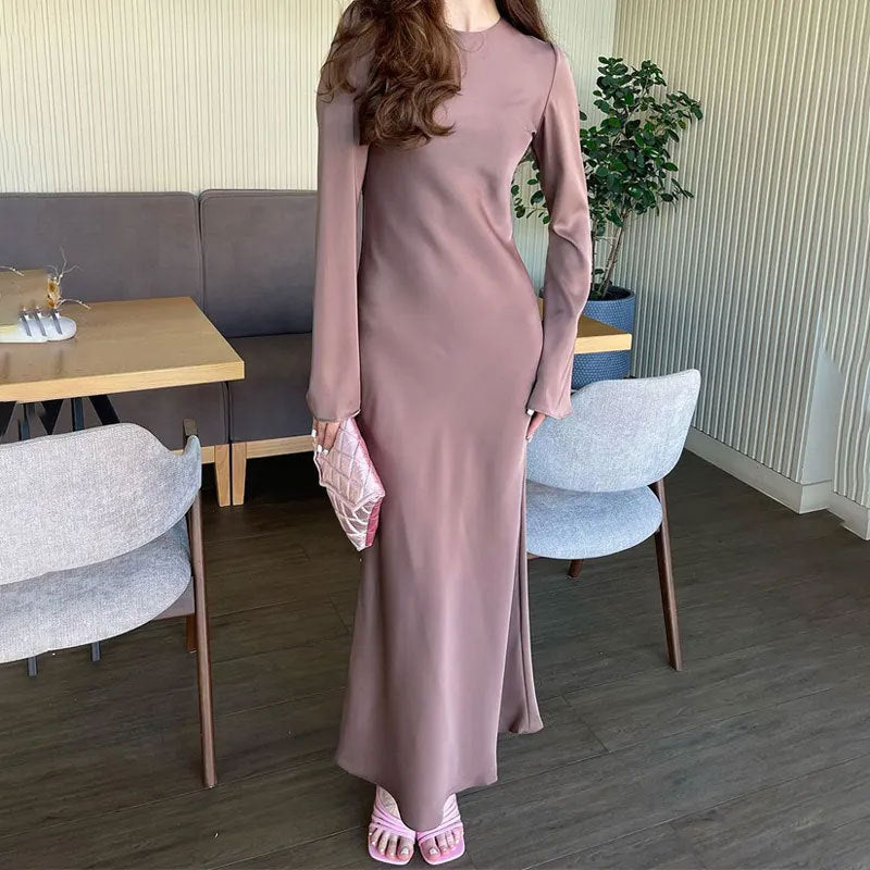 Women's Elegant Long Sleeve Solid Maxi Dress Casual