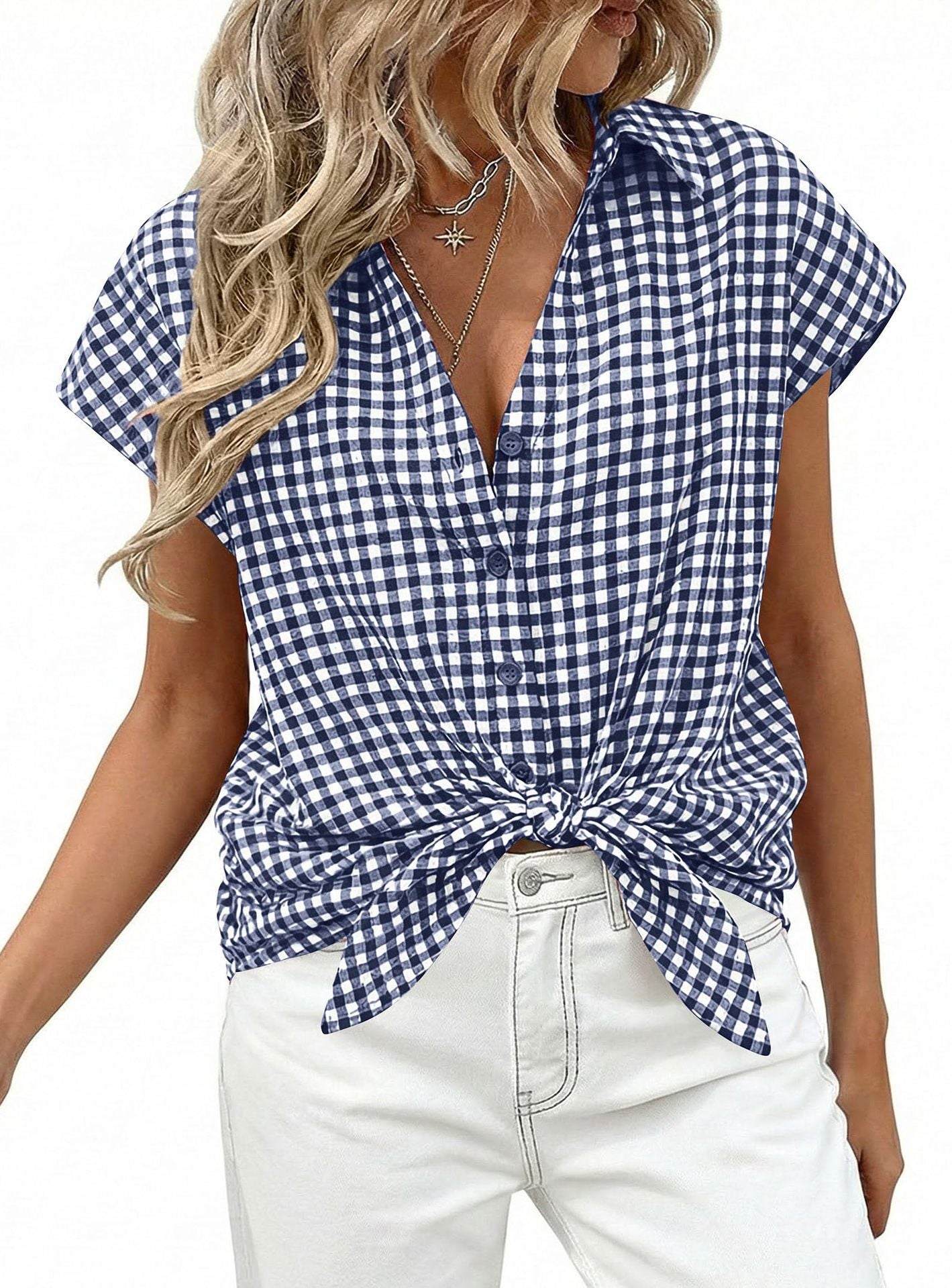 Gingham Button Down Short Sleeve Loose Fit Blouse