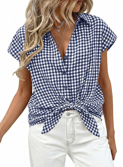 Gingham Button Down Short Sleeve Loose Fit Blouse
