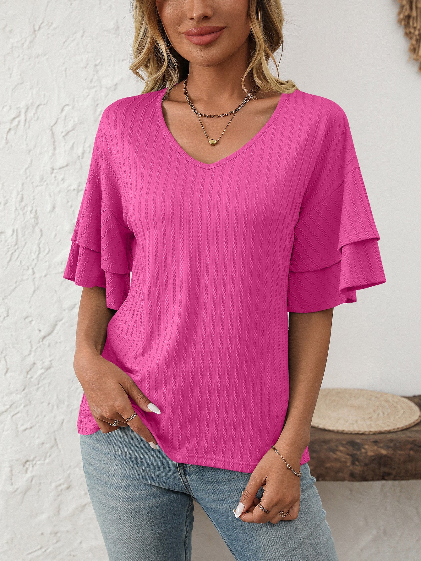 V-Neck Lotus Leaf Sleeve Women’s T-Shirt Top