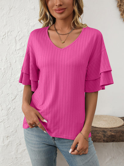 V-Neck Lotus Leaf Sleeve Women’s T-Shirt Top