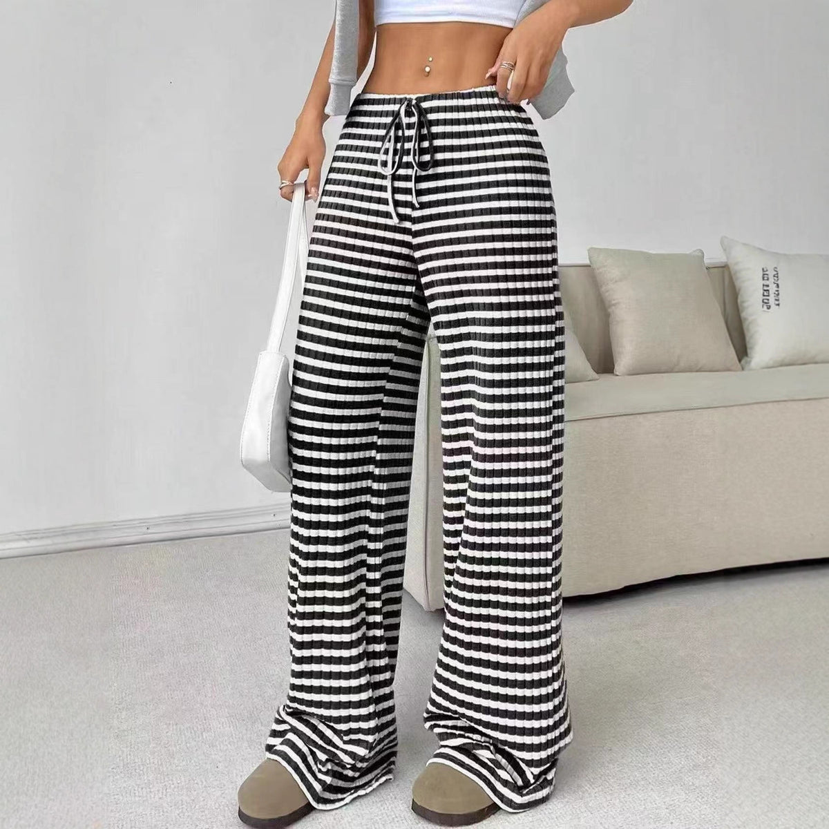 Women's Striped Wide Leg Drawstring Lounge Pants
