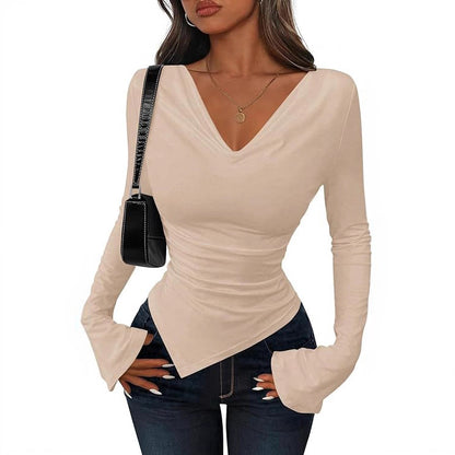 Women's Cowl Neck Long Sleeve Asymmetric Fitted Top