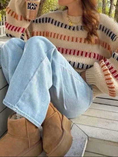 Oversized Chunky Knit Color Block Batwing Sweater