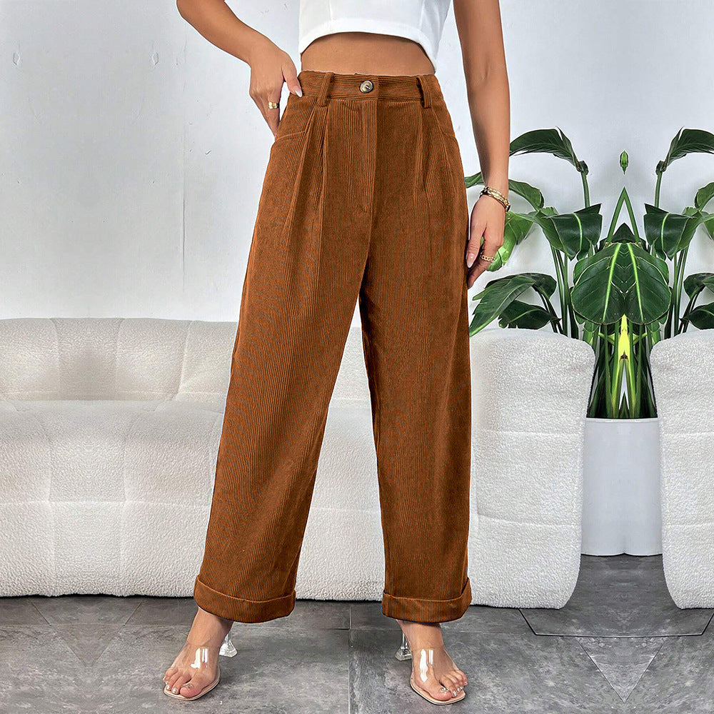 Corduroy High Waist Pants Wide Leg Pocket Trousers