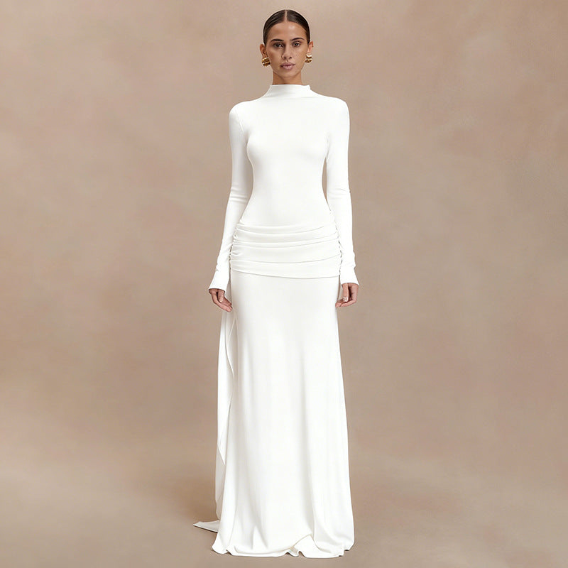 Elegant Mock Neck Long Sleeve Ruched Sash Maxi Dress