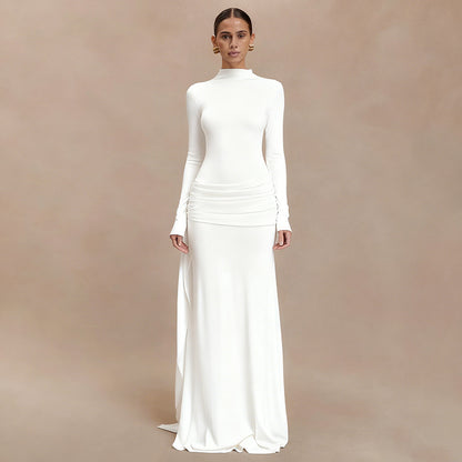 Elegant Mock Neck Long Sleeve Ruched Sash Maxi Dress